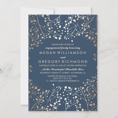 Gold and Navy Babys Breath Engagement Party Invitation