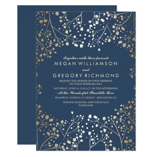 Gold And Navy Baby's Breath Floral Modern Wedding Invitation