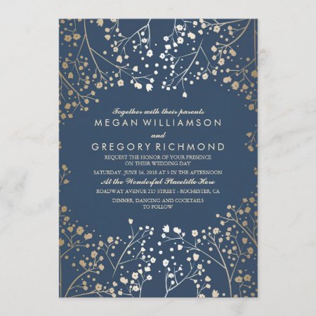 Gold And Navy Baby's Breath Floral Modern Wedding Invitation