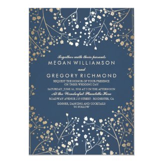 Gold and Navy Baby's Breath Floral Modern Wedding Invitation