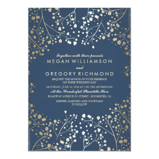 Gold and Navy Baby's Breath Floral Modern Wedding Invitation