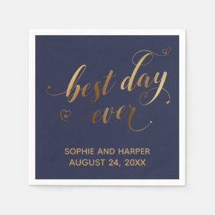 Gold and Navy Best Day Ever, Calligraphy w/ Hearts Napkins