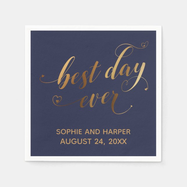 Gold and Navy Best Day Ever, Calligraphy w/ Hearts Napkins (Front)