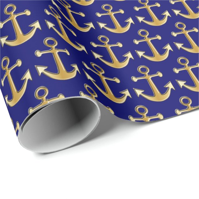 Gold and Navy Blue Anchor Design Wrapping Paper (Roll Corner)