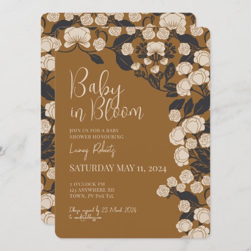 Gold and Navy Blue Art Nouveau Floral Baby Shower Invitation