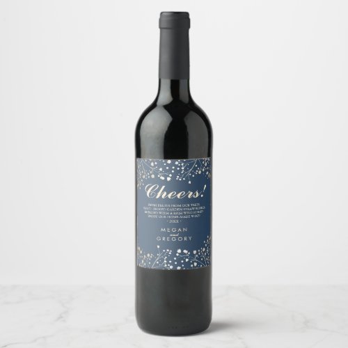 Gold and Navy Blue Babys Breath Elegant Wine Label