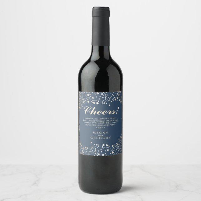 Gold and Navy Blue Baby's Breath Elegant Wine Label (Front)