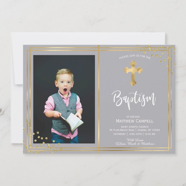 Gold and Navy Blue Baptism Baptism Invitation (Front)