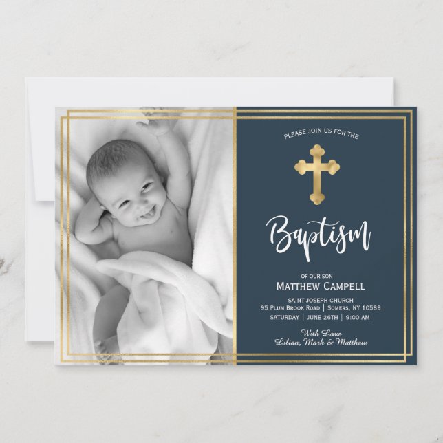 Gold and Navy Blue Baptism Baptism Invitation (Front)