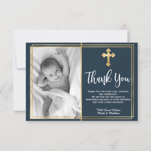 Gold and Navy Blue Baptism Photo Thank You Cards