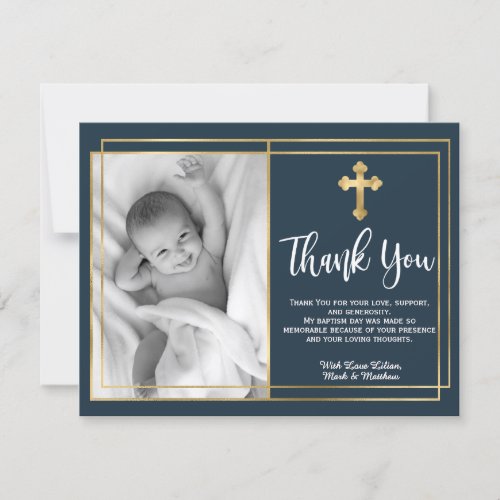 Gold and Navy Blue Baptism Photo Thank You Cards