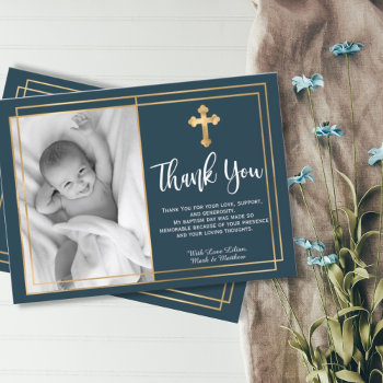 Gold And Navy Blue Baptism Photo Thank You Cards by LilyPaperDesign at Zazzle