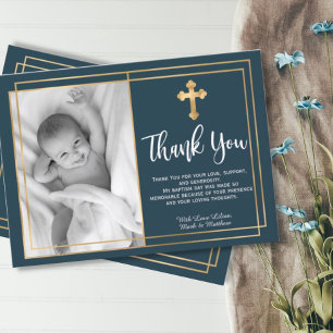 Gold and Navy Blue Baptism Photo Thank You Cards