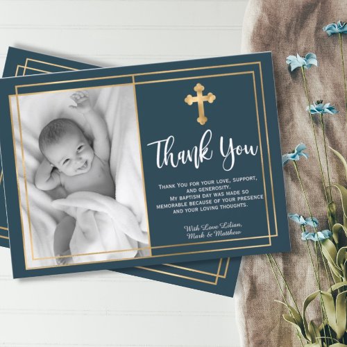 Gold and Navy Blue Baptism Photo Thank You Cards