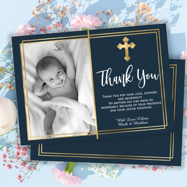 Gold and Navy Blue Baptism Photo Thank You Cards (Creator Uploaded)