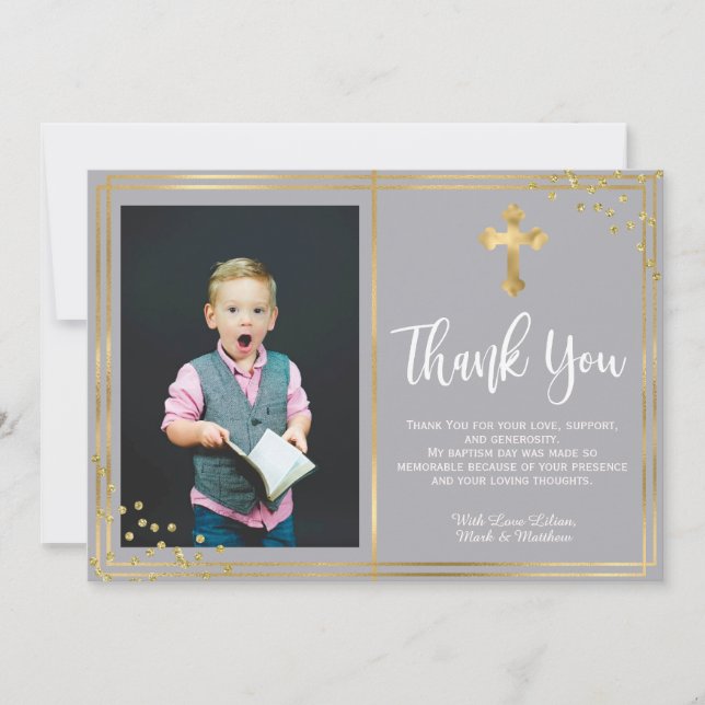 Gold and Navy Blue Baptism Thank You Cards (Front)