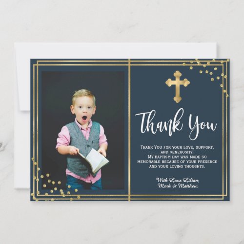 Gold and Navy Blue Baptism Thank You Cards