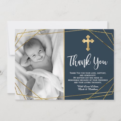 Gold and Navy Blue Baptism Thank You Cards