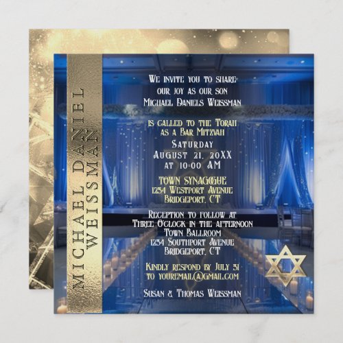 Gold and Navy Blue Bar Mitzvah Invitation