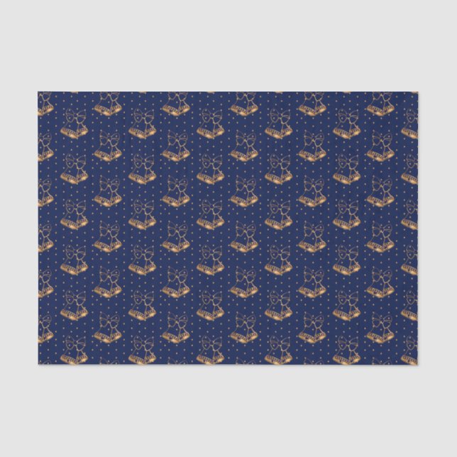 Gold and Navy Blue Christmas Bells Tissue Paper (Front)