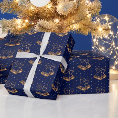 Gold and Navy Blue Christmas Bells Wrapping Paper