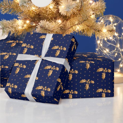 Gold and Navy Blue Christmas Holly Wrapping Paper