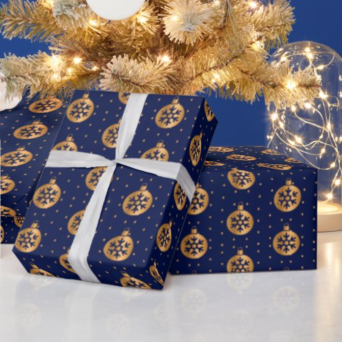 Gold and Navy Blue Christmas Ornaments Wrapping Paper