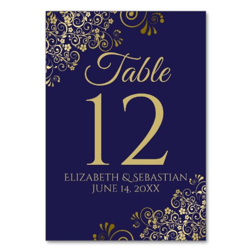 Gold and navy Blue Elegant Filigree Wedding Table Number