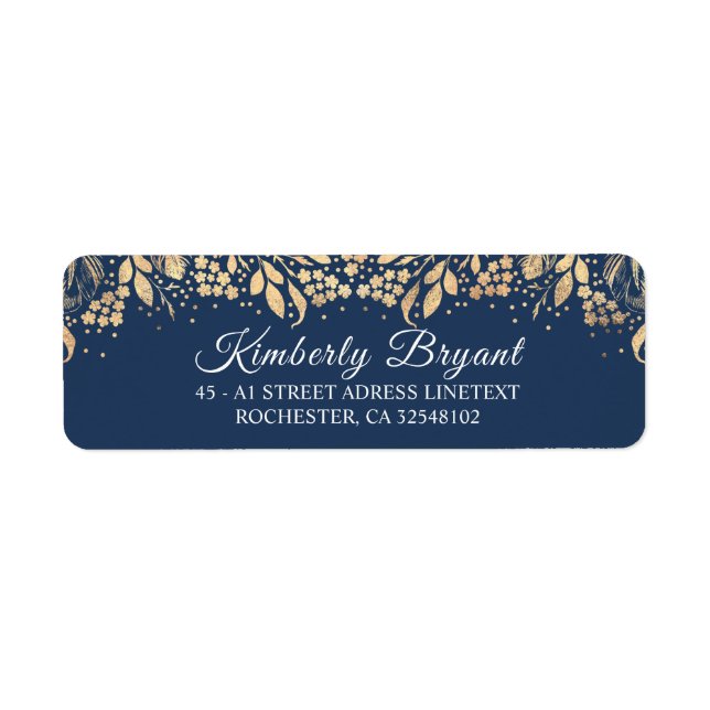 Gold and Navy Blue Elegant Foliage Label (Front)