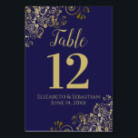 Gold and Navy Blue Elegant Frilly Wedding Table Number<br><div class="desc">These beautiful wedding table number cards feature a simple yet elegant design with gold script calligraphy on a navy blue background with a frilly gold faux foil floral filigree in the corners. Perfect way to make your wedding reception beautiful and help your guests find the right table at the same...</div>