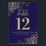 Gold and Navy Blue Elegant Frilly Wedding Table Number<br><div class="desc">These beautiful wedding table number cards feature a simple yet elegant design with gold script calligraphy on a navy blue background with a frilly gold faux foil floral filigree in the corners. Perfect way to make your wedding reception beautiful and help your guests find the right table at the same...</div>