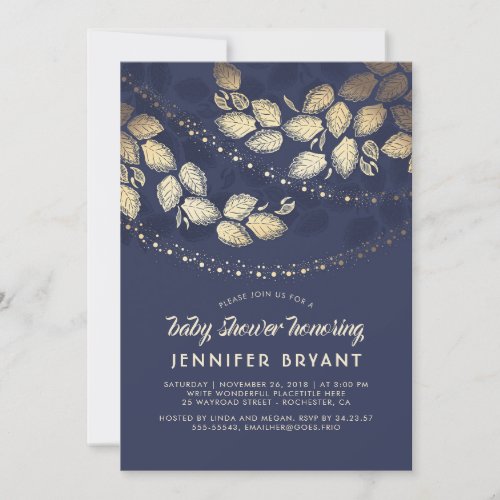 Gold and Navy Blue Elegant Tree Lights Baby Shower Invitation - Elegant tree leaves and string of lights gold and navy blue baby shower invitations