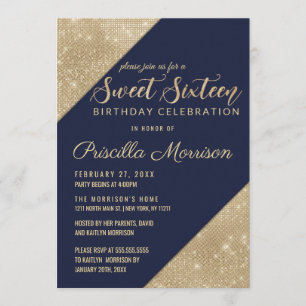 Gold and Navy Blue Faux Glitter Sequin Sweet 16 Invitation