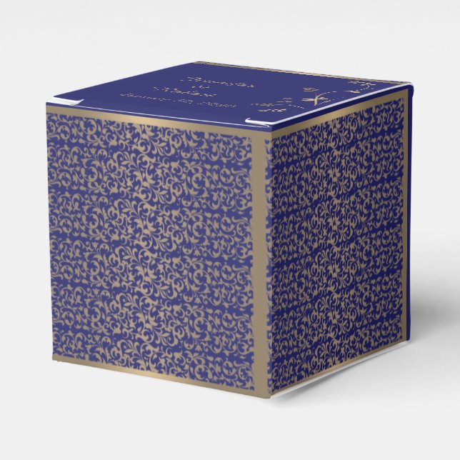 Gold and Navy Blue Filigree Wedding Favor Box (Front Side)