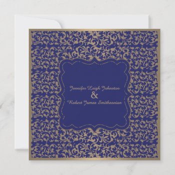 Gold And Navy Blue Filigree Wedding Invitation by NoteableExpressions at Zazzle