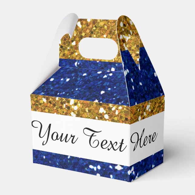 Gold and Navy Blue Glitter Stripes Printed Favor Boxes (Front Side)