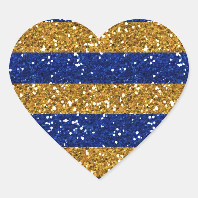 Gold and Navy Blue Glitter Stripes Printed Heart Sticker (Front)