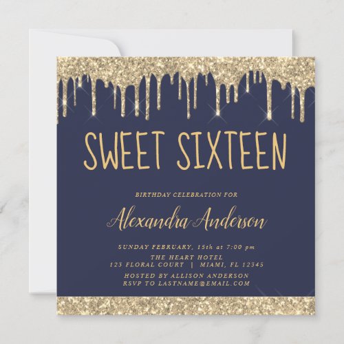 Gold and Navy Blue Glitter Sweet Sixteen Birthday Invitation