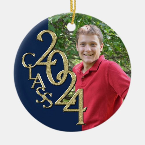 Gold and Navy Blue Graduation Class of 2024 Photo Ceramic Ornament