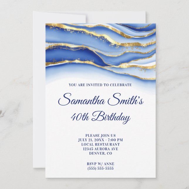 Gold and Navy Blue Ink Geode 40th Birthday Invitation (Front)