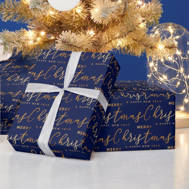 Gold and Navy Blue Merry Christmas Word Art Wrapping Paper (Holidays)