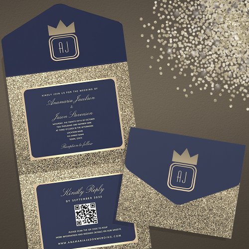 Gold and Navy Blue Monogram QR Code Wedding All In One Invitation