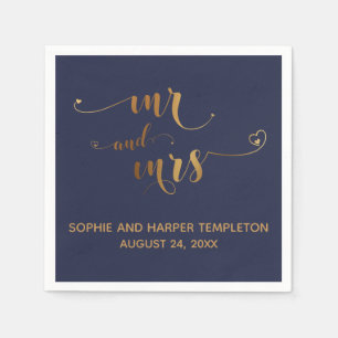 Gold and Navy Blue Mr and Mrs Calligraphy w Hearts Napkins