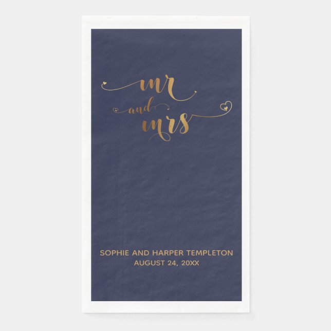 Gold and Navy Blue Mr and Mrs Calligraphy w Hearts Paper Guest Towels (Front)