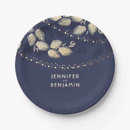 Gold and Navy Blue Nature Inspired Wedding Paper Plates - Tree leaves and string of lights gold and navy blue wedding paper plate
