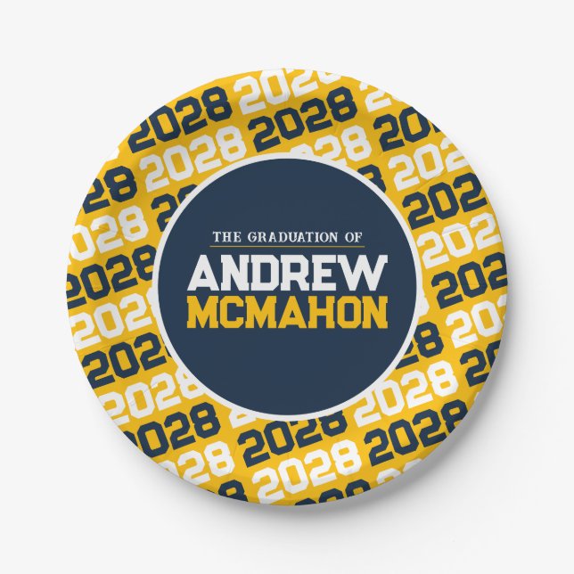 Gold and Navy Blue Personalized Graduation Paper Plates (Front)