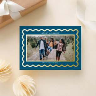 Gold and Navy Blue Preppy Scallop Photo Frame Foil Holiday Card