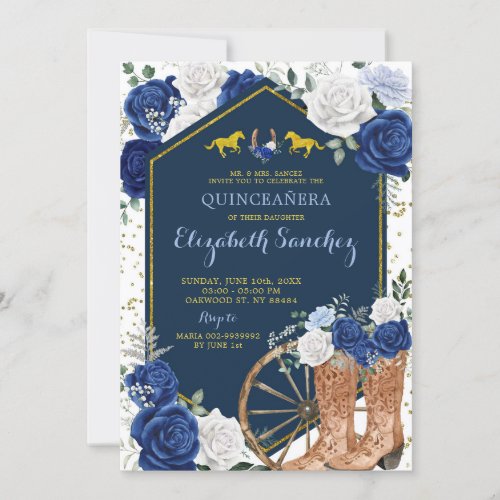 Gold and Navy Blue Western Charra Quinceaera Invitation