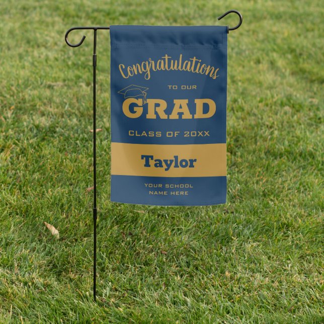 Gold and Navy Bold Graduation Garden Flag (In SItu)