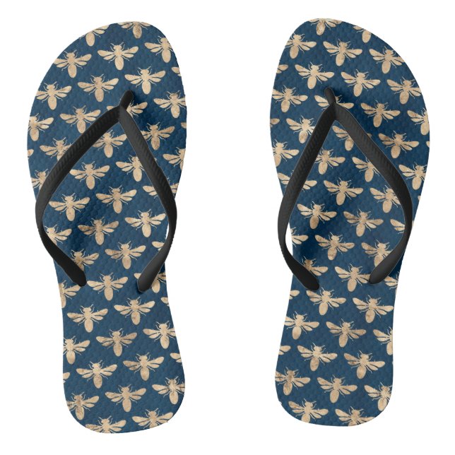 Gold and navy bumble bees summer beach flip flops (Footbed)